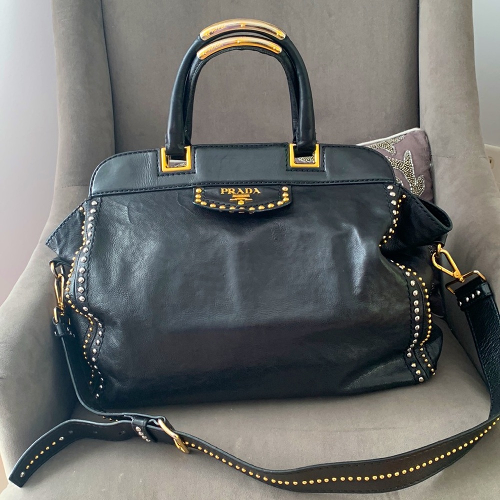 PRADA Leather Studded tote bag black gold silver large authentic rare luxury